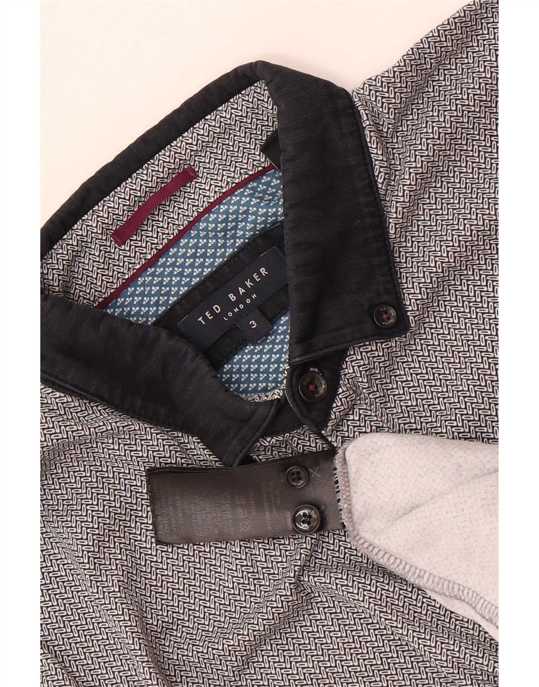 Camisa polo masculina Ted Baker de ajuste regular tamanho 3 algodão geométrico cinza médio