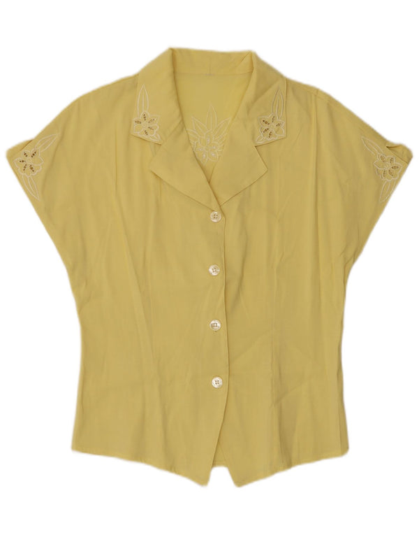 Blusa feminina vintage estampada de manga curta Reino Unido 12 médio amarelo floral