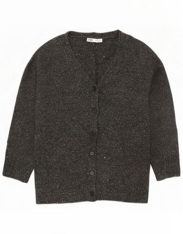 Suéter cardigã feminino Zara manga 3/4 grande Reino Unido 10 pequeno cinza manchado