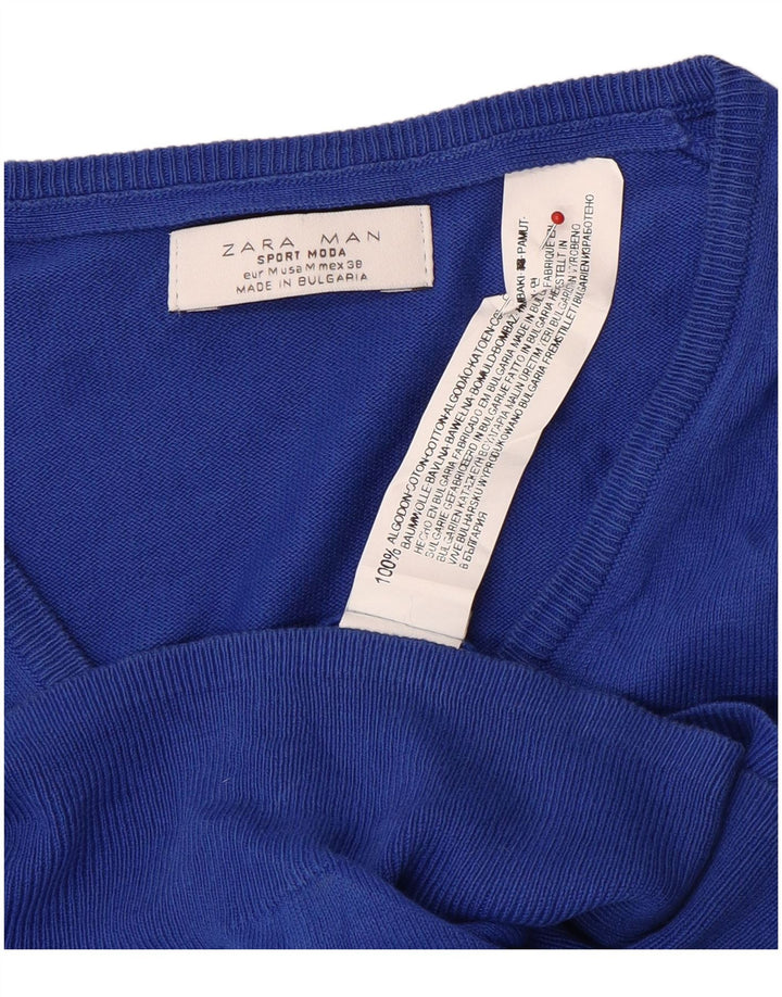Zara Suéter masculino com gola V e algodão azul médio