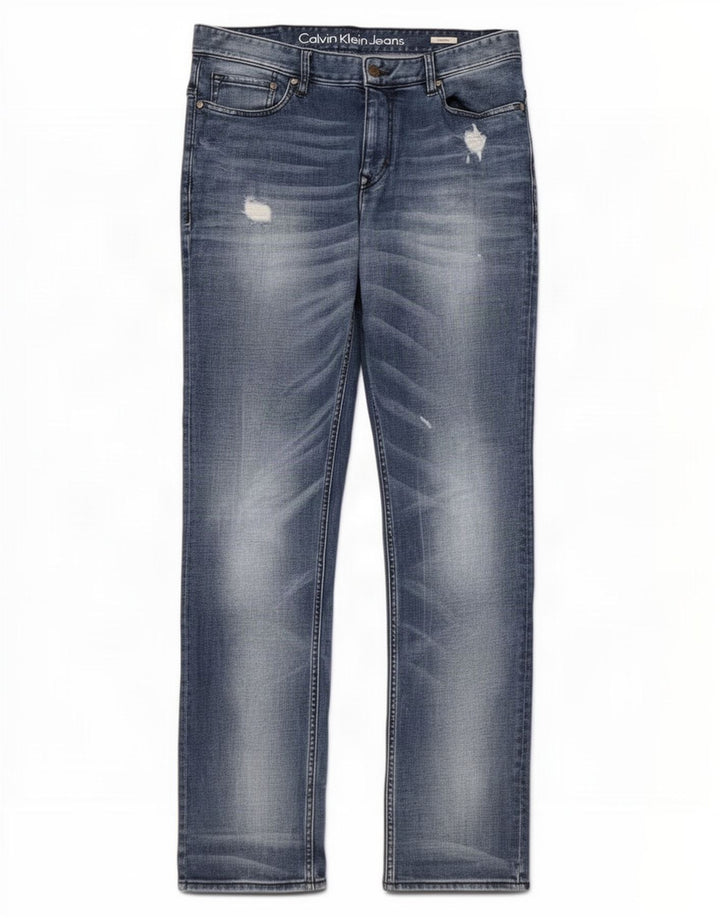 Calça jeans reta masculina Calvin Klein desgastada W34 L34 azul algodão
