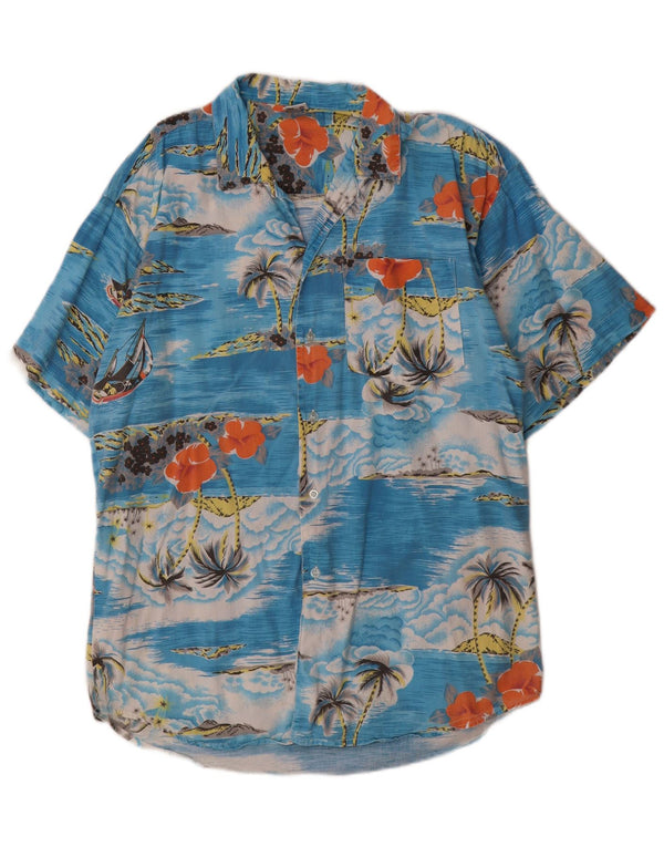 Camisa masculina vintage de manga curta azul médio floral algodão havaiano