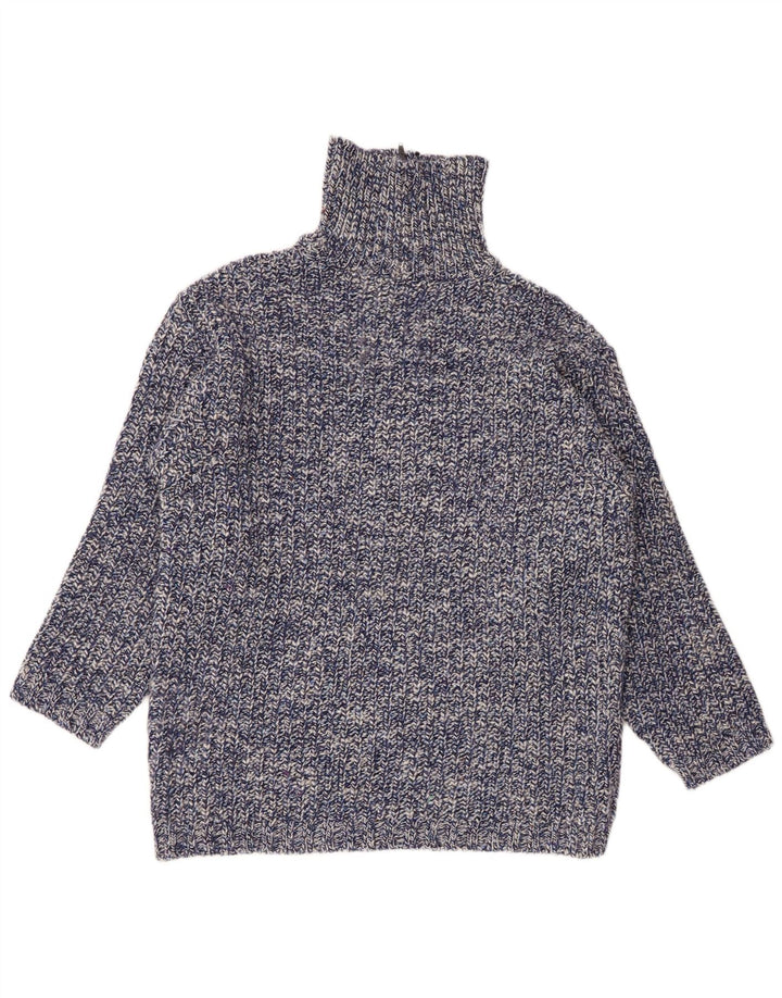 Suéter vintage masculino com zíper e gola alta de lã manchada azul grande