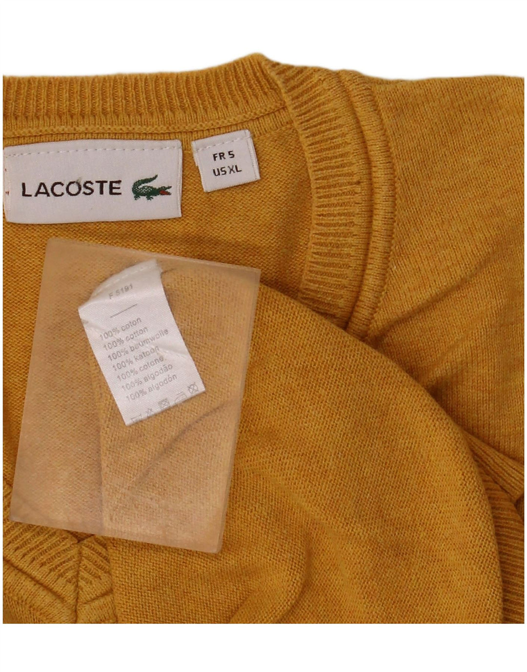 Suéter masculino LACOSTE com decote em V tamanho 5 grande algodão amarelo