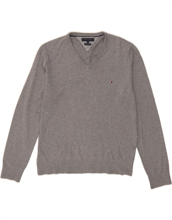 TOMMY HILFIGER Mens V-Neck Jumper Sweater XL Grey Cotton Vintage Tommy Hilfiger and Second-Hand Tommy Hilfiger from Messina Hembry 