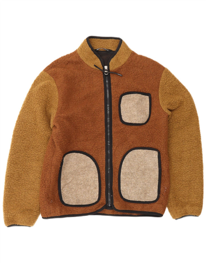 Jaqueta de lã masculina Zara UK 40 grande poliéster colorblock marrom