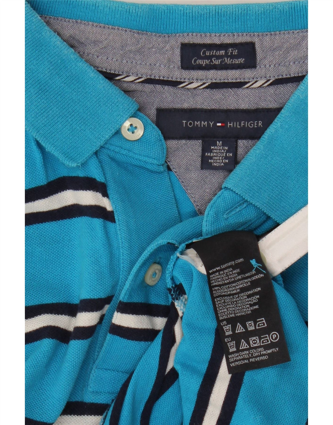 Camisa polo masculina Tommy Hilfiger Custom Fit de algodão listrado azul médio