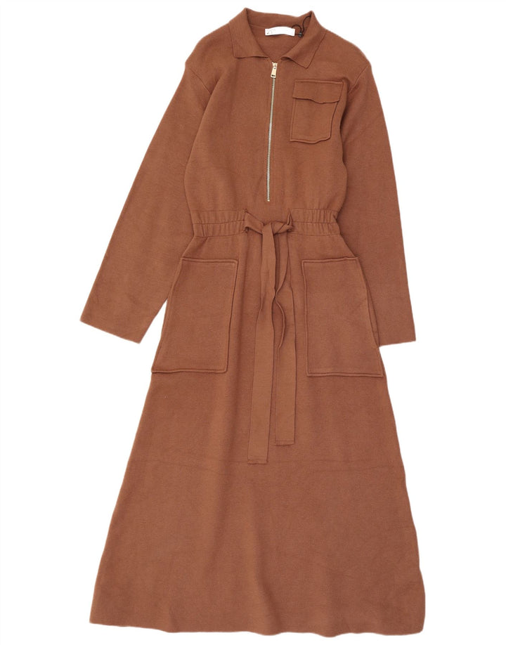 Vestido maxi feminino de manga comprida Zara Reino Unido 12 viscose marrom médio