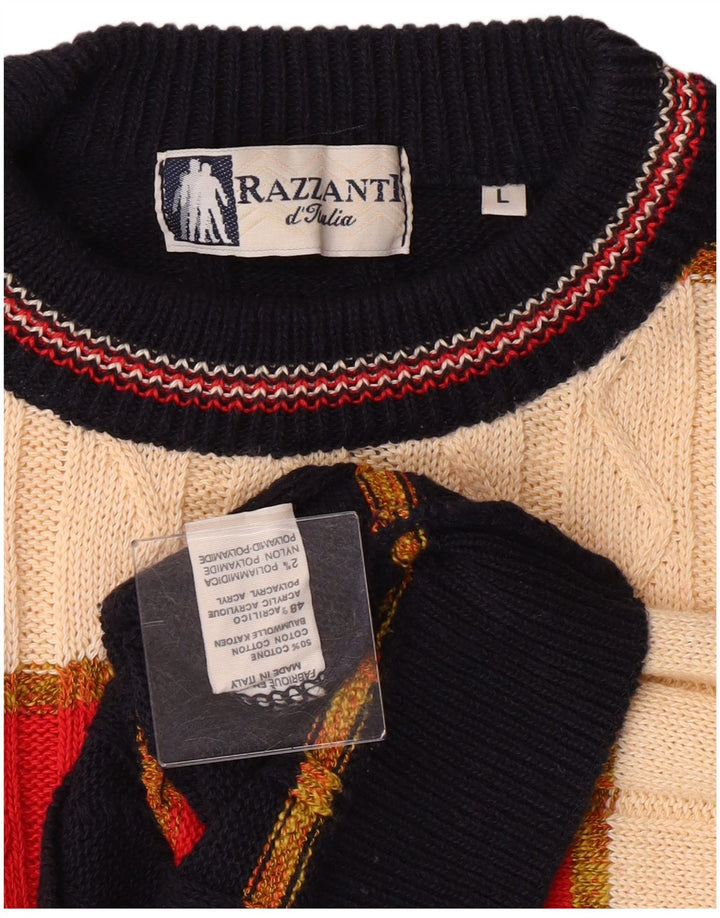 Suéter vintage masculino com gola redonda, grande algodão listrado multicolorido