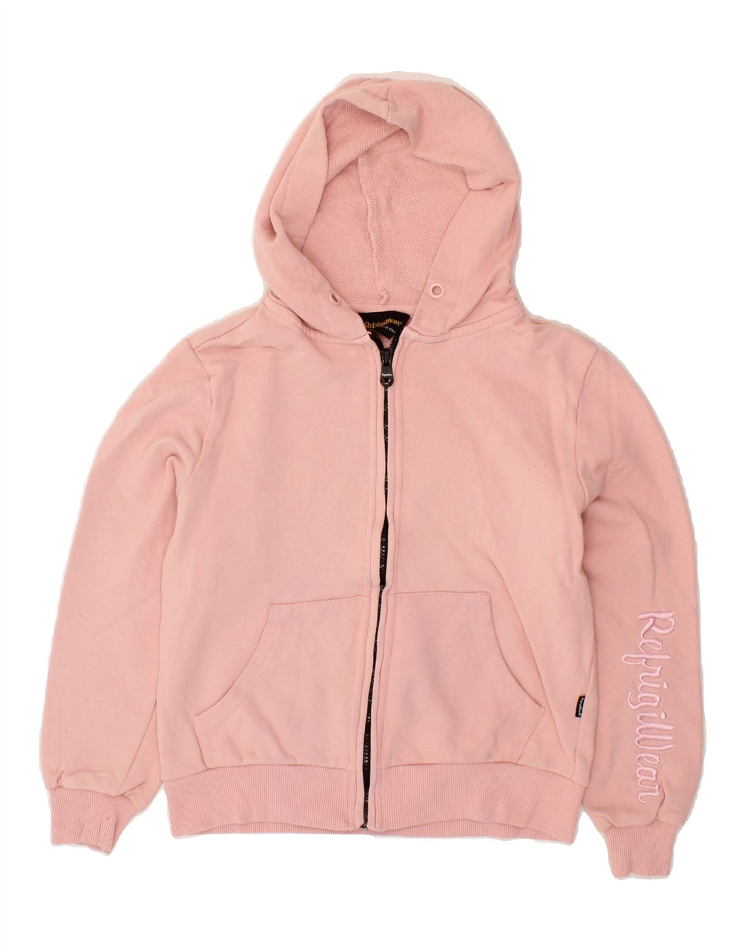 REFRIGIWEAR Girls Graphic Zip Hoodie Sweater 9-10 Years Pink Cotton Vintage Refrigiwear and Second-Hand Refrigiwear from Messina Hembry 