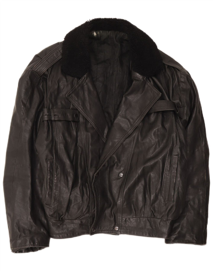 Jaqueta de couro vintage masculina com peito duplo UK 42 XL preta