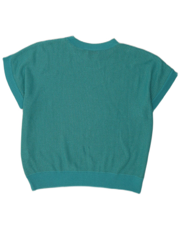 Blusa feminina vintage de malha de manga curta top IT 46 grande turquesa geométrica