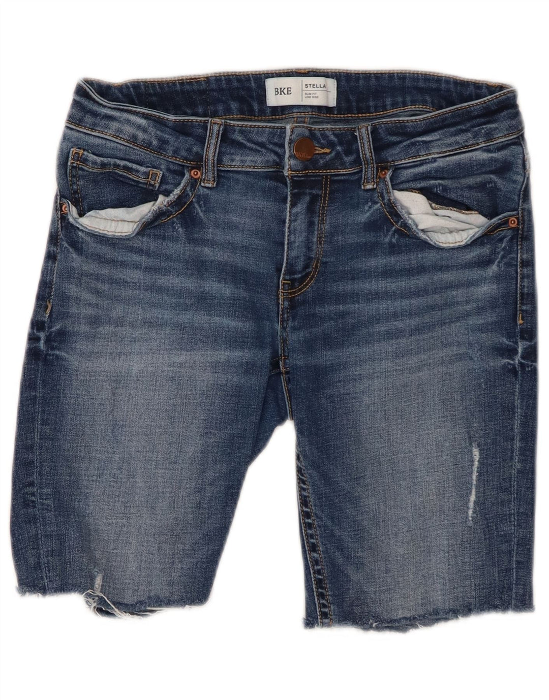Shorts jeans feminino BKE Stella cintura baixa envelhecido W28 algodão azul médio