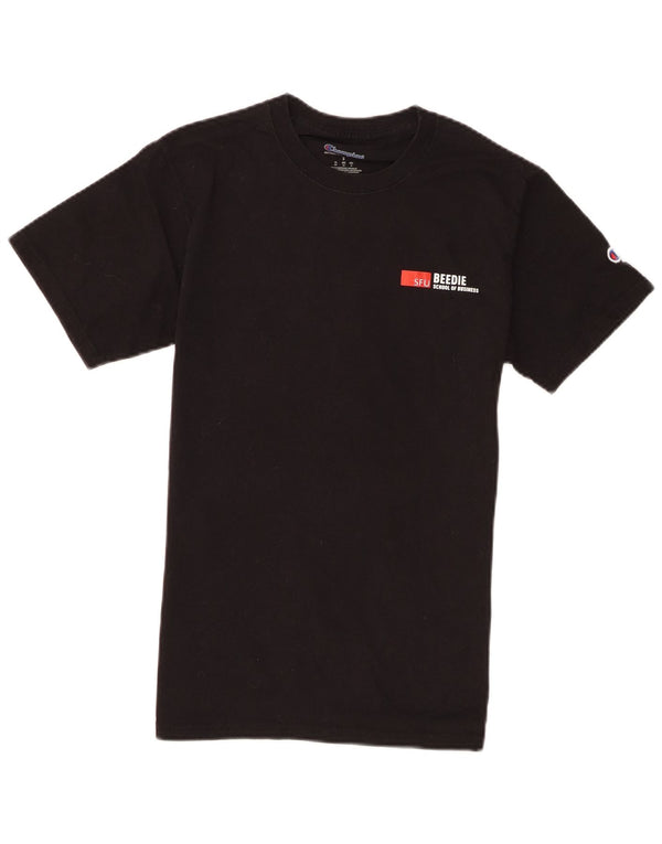 Camiseta masculina Champion SFU Beedie lança camiseta gráfica pequena de algodão preto