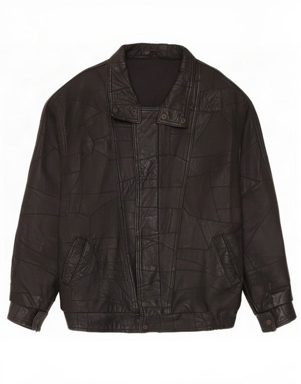 Jaqueta de couro gráfica masculina vintage UK 40 patchwork preto grande