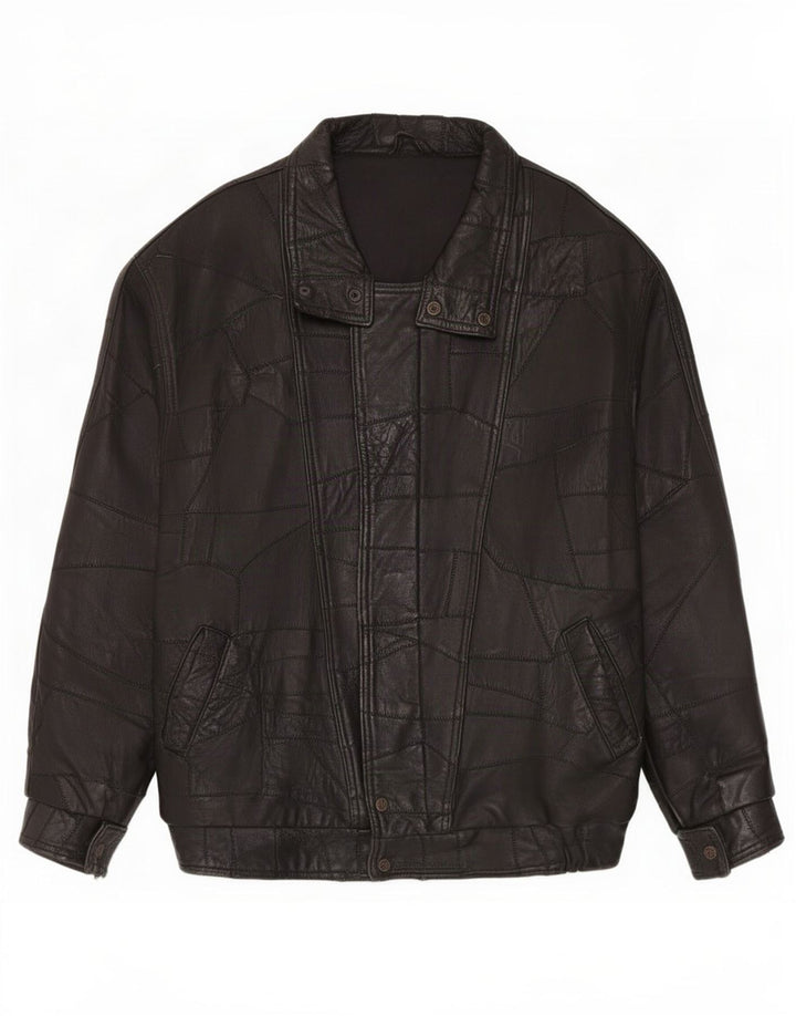 Jaqueta de couro gráfica masculina vintage UK 40 patchwork preto grande
