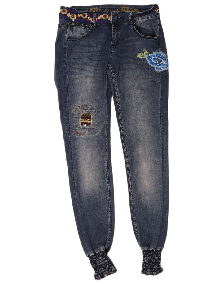 Desigual feminino gráfico joggers slim jeans W28 L32 azul poliéster