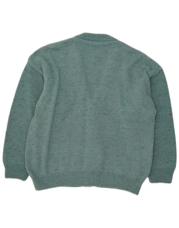 Suéter cardigã feminino vintage Reino Unido 16 grande lã geométrica turquesa
