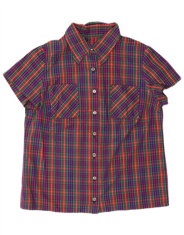 Camisa feminina vintage de manga curta UK 14 média xadrez multicolorida