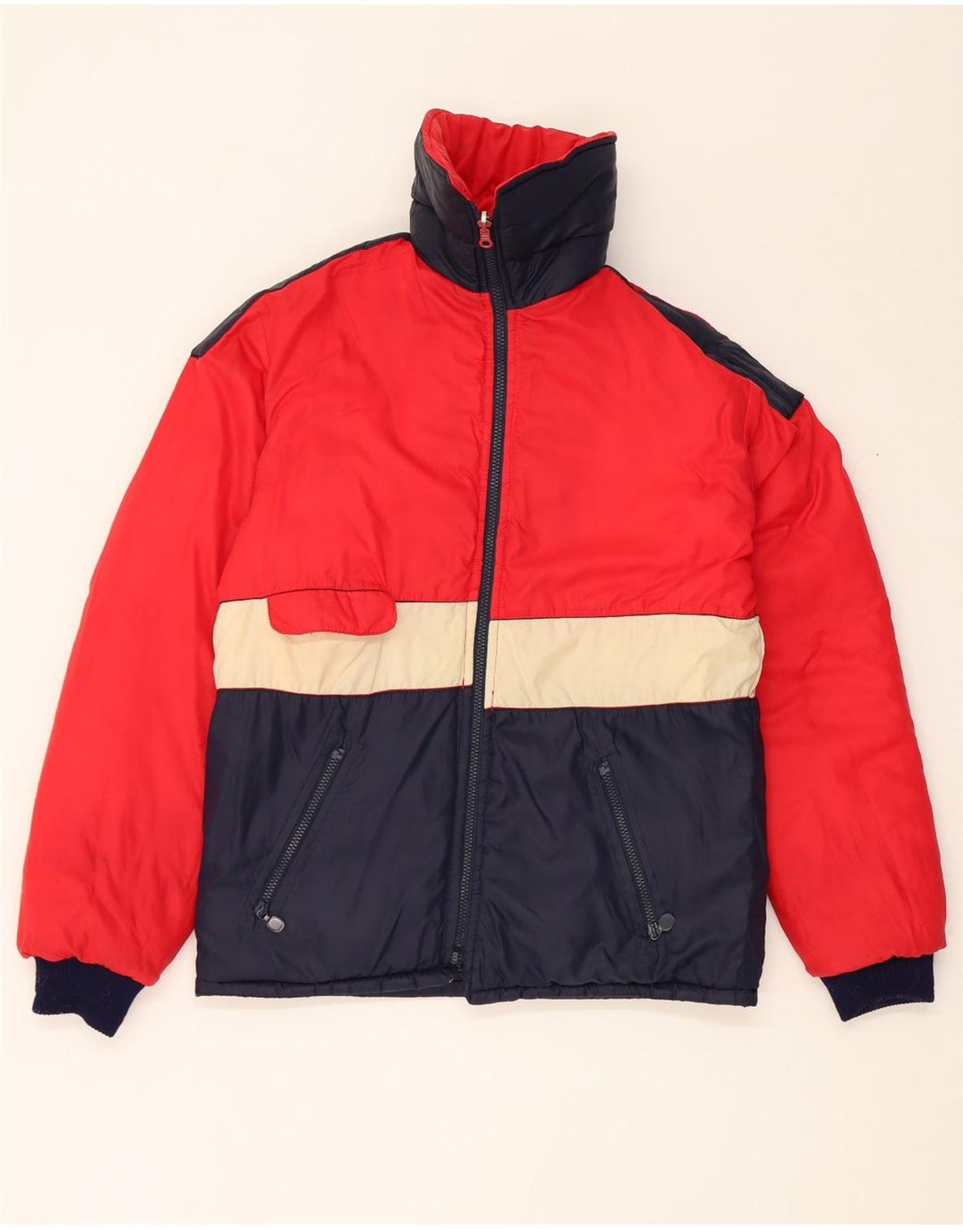 Jaqueta acolchoada reversível masculina vintage UK 38 bloco colorido azul marinho médio