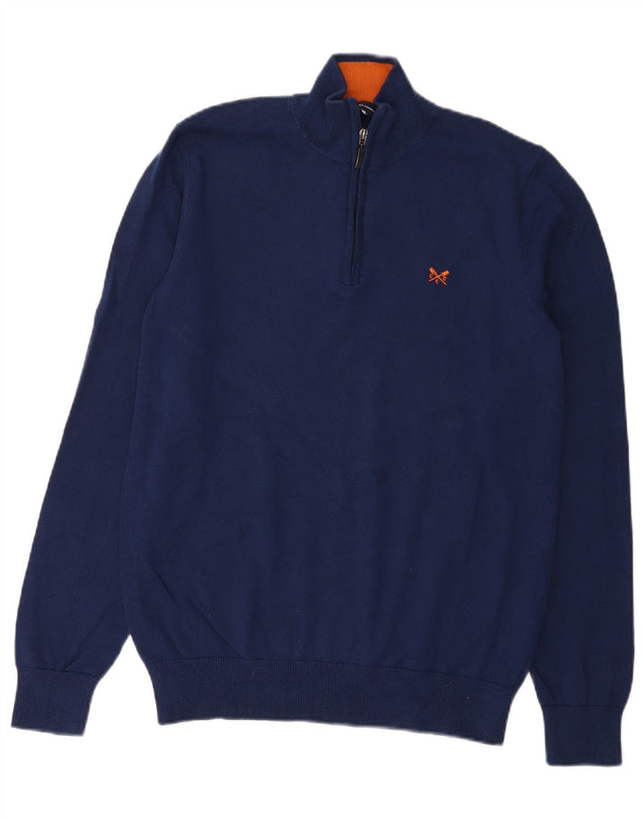 Suéter masculino Crew Clothing com zíper e gola alta de algodão azul marinho médio