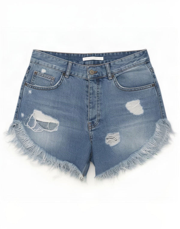 Zara Shorts jeans feminino Trafaluc desgastado UE 36 XS W26 azul floral