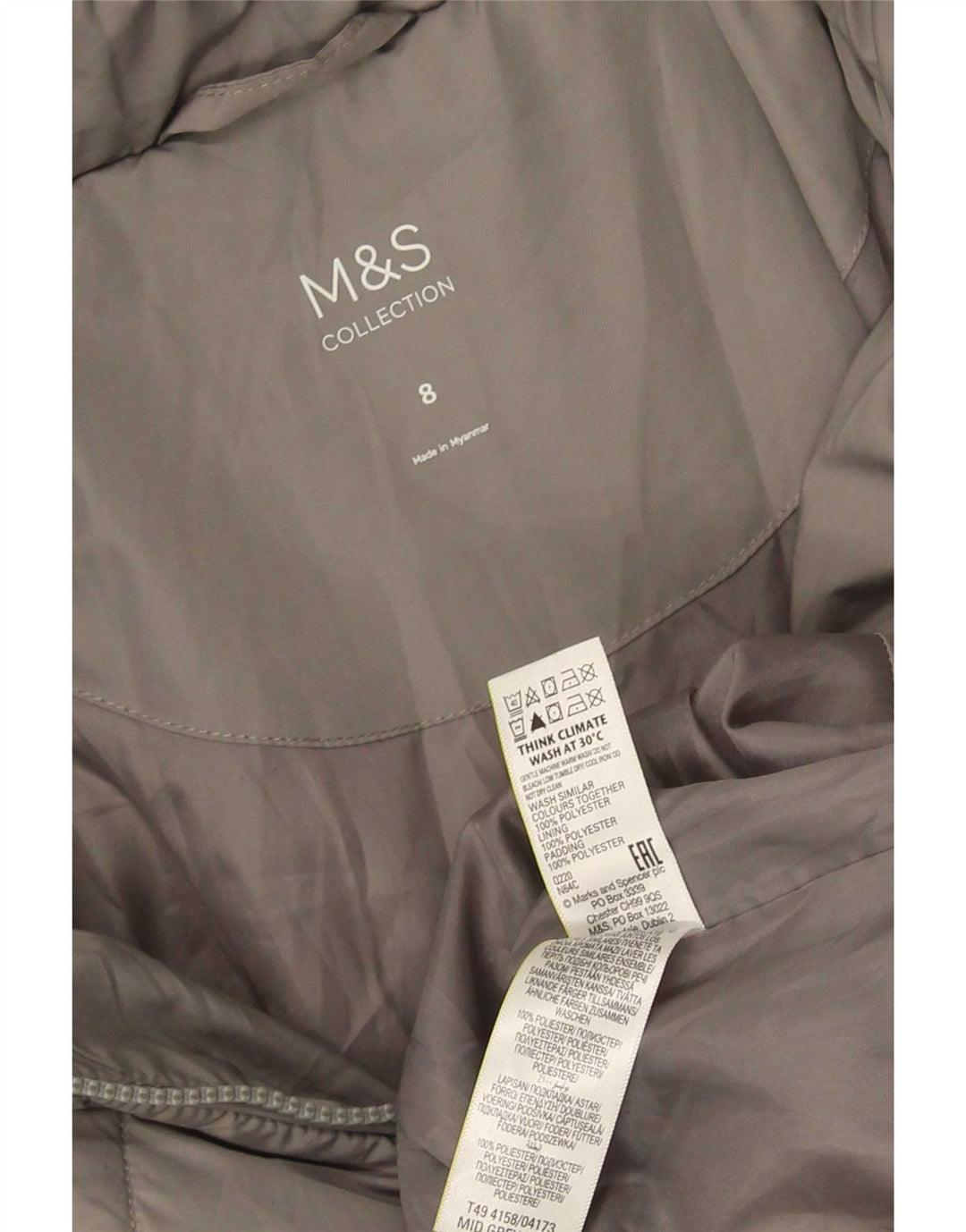 Casaco acolchoado feminino Marks & Spencer Reino Unido 8 poliéster cinza pequeno