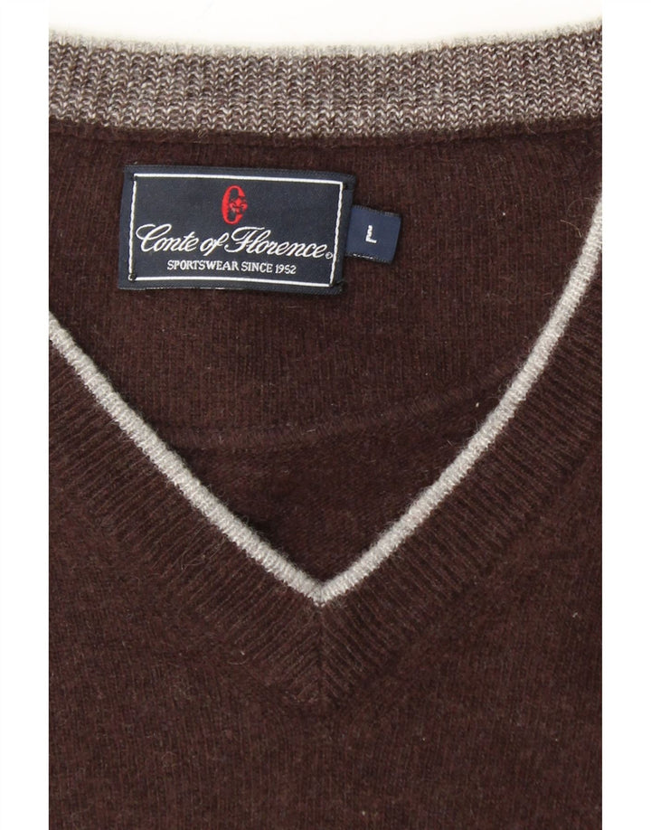 CONTE OF FLORENCE Mens V-Neck Jumper Sweater Large Brown Wool Vintage Conte of Florence and Second-Hand Conte of Florence from Messina Hembry 