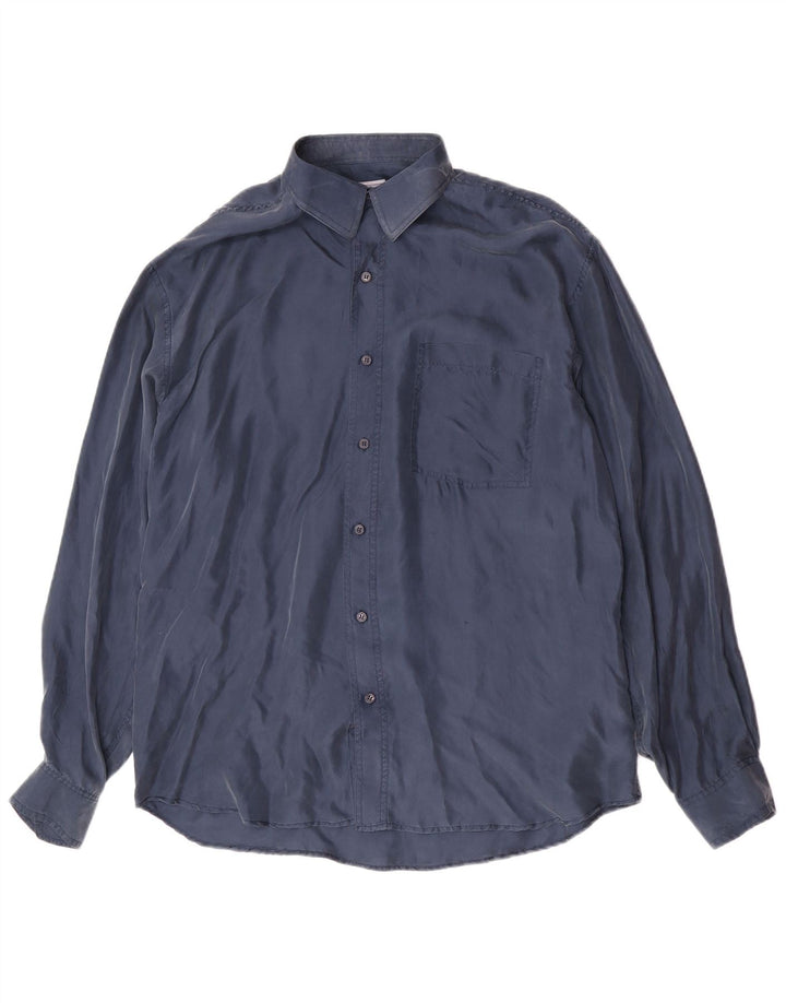 Camisa masculina vintage grande seda azul marinho