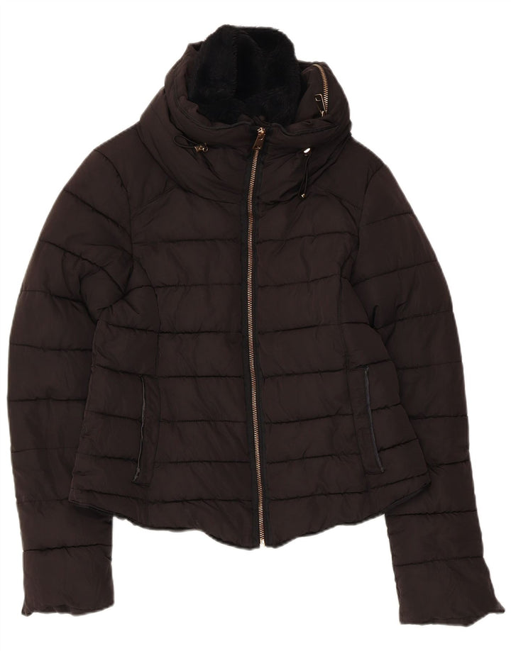 Jaqueta acolchoada com capuz feminina Zara UK 10 poliéster preto pequeno