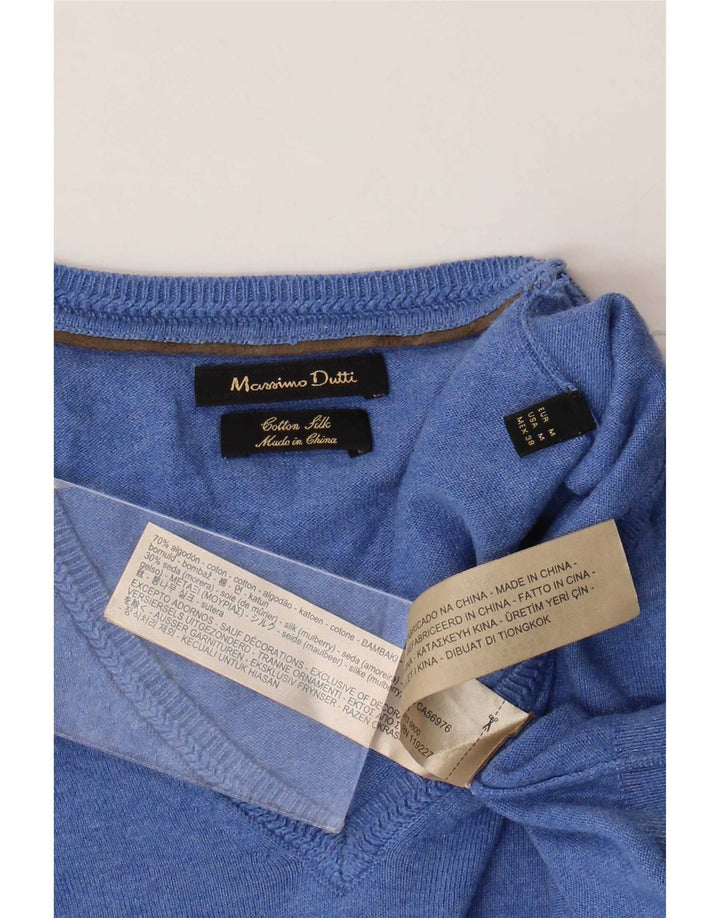 Suéter masculino Massimo Dutti com decote em V de algodão azul médio