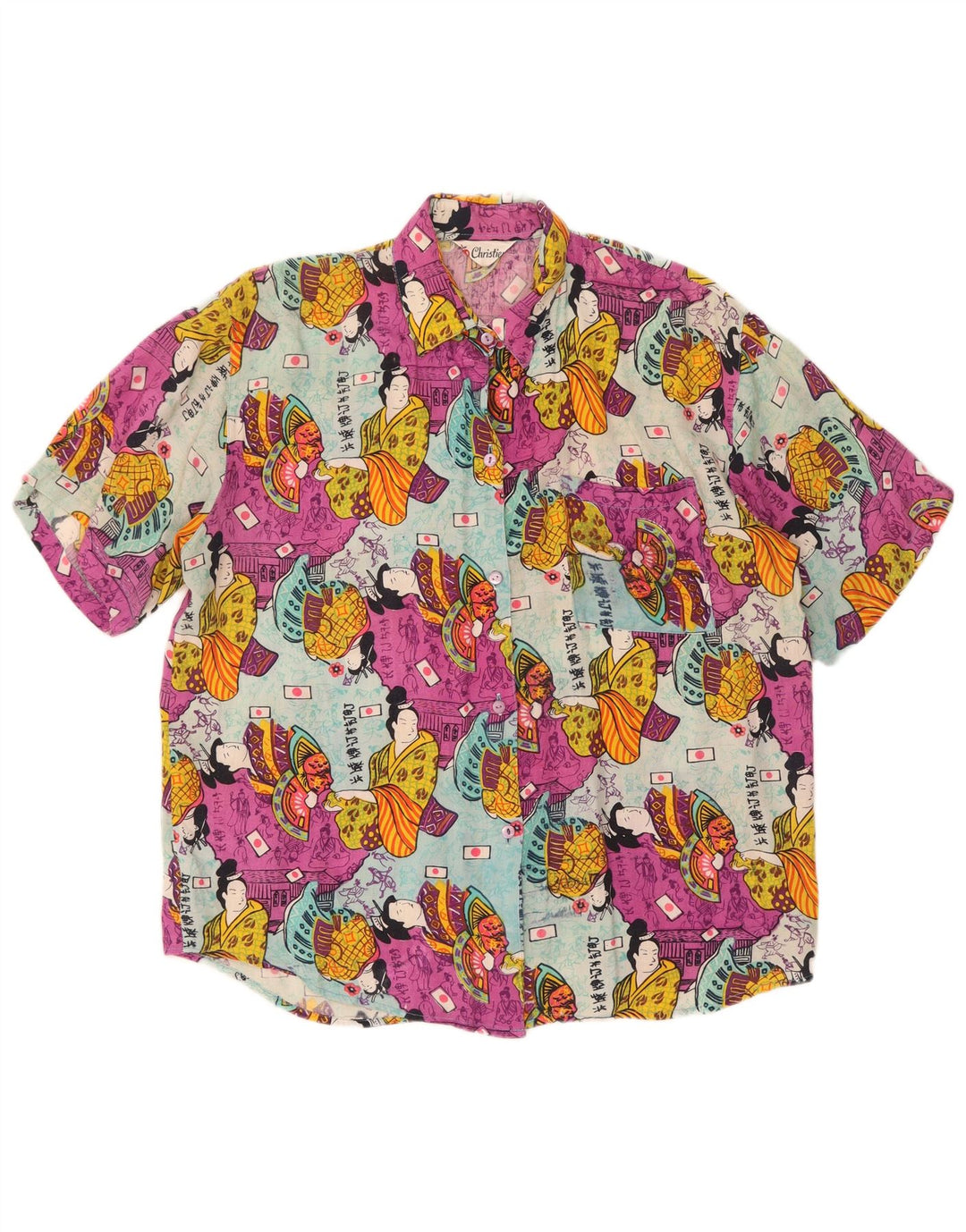 Camisa feminina estampada de manga curta Christian UK 14 grande multicolorida