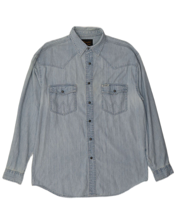 Camisa jeans Wrangler masculina azul médio algodão