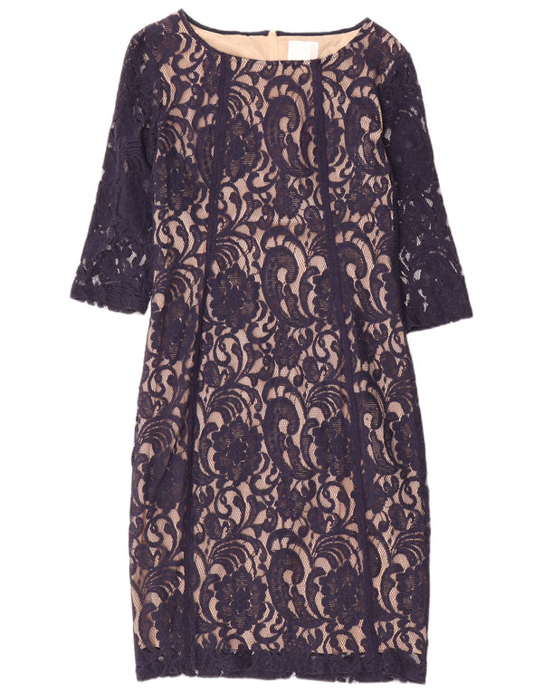 Vestido vintage feminino manga 3/4 com bainha de renda Reino Unido 14 grande azul marinho Paisley