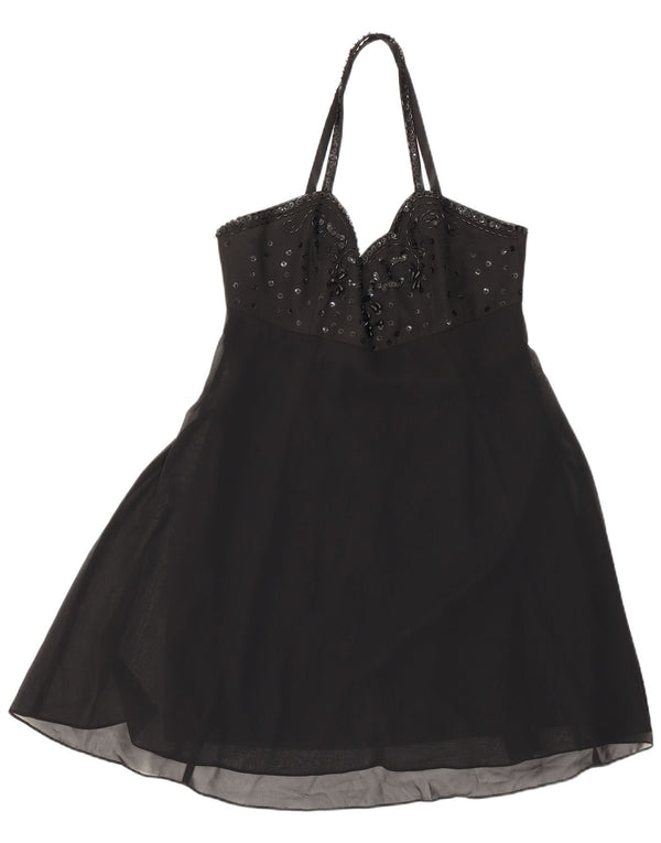 Charlotte Halton mini vestido halter feminino Reino Unido 12 poliéster preto médio