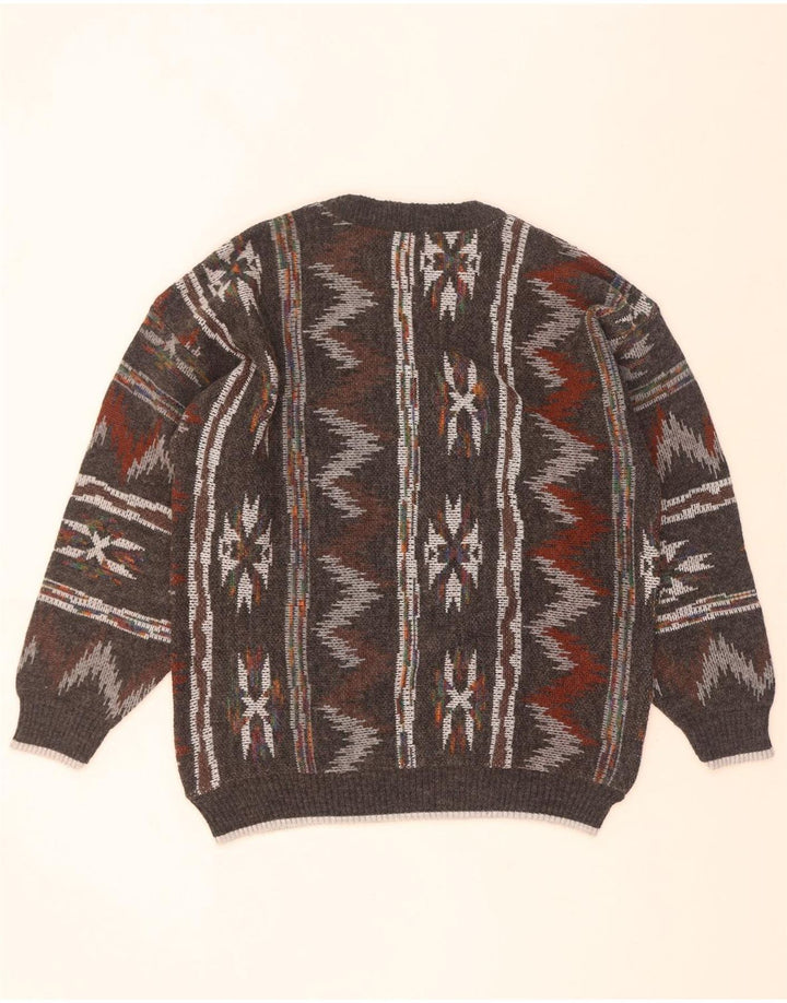 Suéter vintage masculino com gola redonda cinza médio geométrico