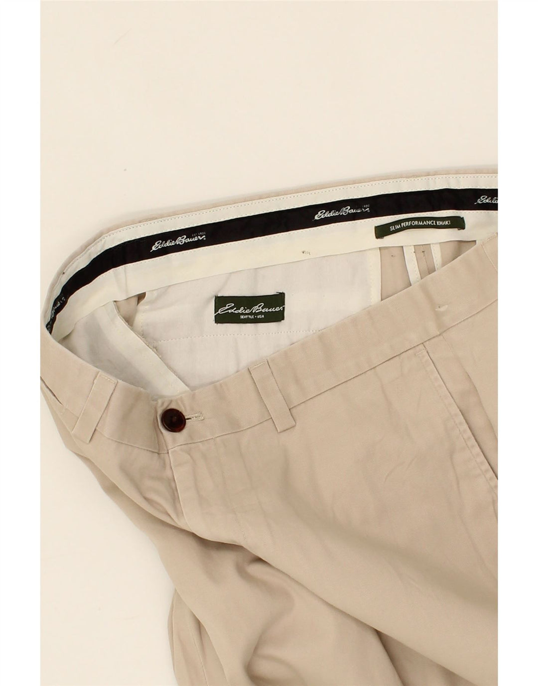 EDDIE BAUER Mens Khakis Slim Chino Trousers W36 L32 Beige Cotton Vintage Eddie Bauer and Second-Hand Eddie Bauer from Messina Hembry 