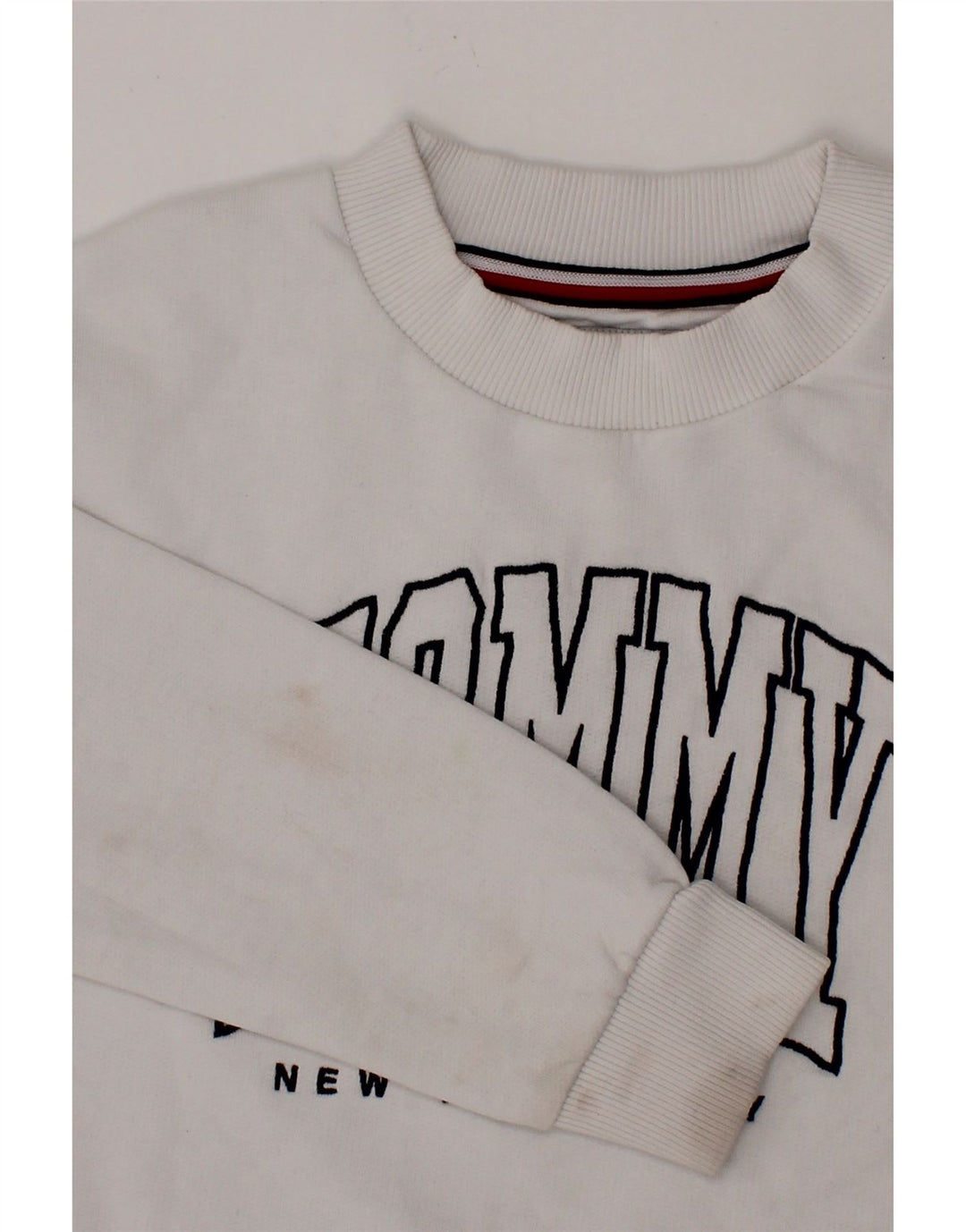 TOMMY HILFIGER Girls Crop Graphic Sweatshirt Jumper 9-10 Years White Vintage Tommy Hilfiger and Second-Hand Tommy Hilfiger from Messina Hembry 