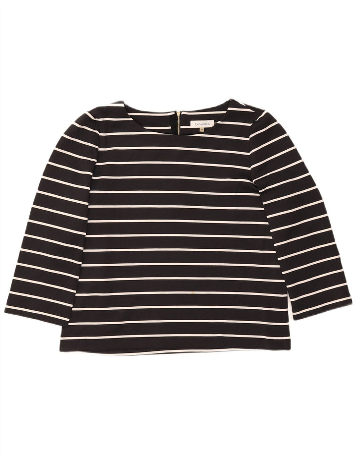 CALVIN KLEIN Top feminino manga 3/4 UK 14 poliéster listrado preto médio