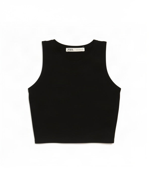 Zara Womens Crop Vest Top UK 12 Medium Black Viscose
