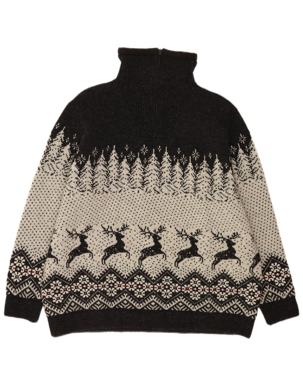 Suéter masculino vintage com zíper e pescoço 2XL preto Fair Isle Wool