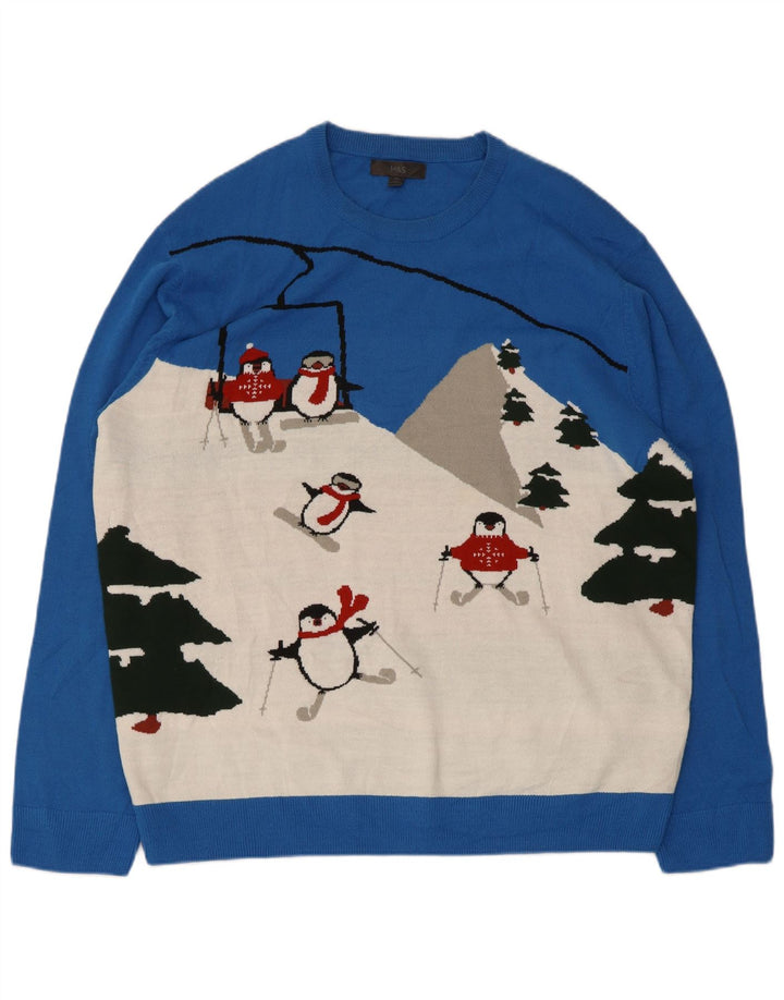 Suéter masculino Marks & Spencer com gola redonda e gola redonda, bloco colorido azul 2XL