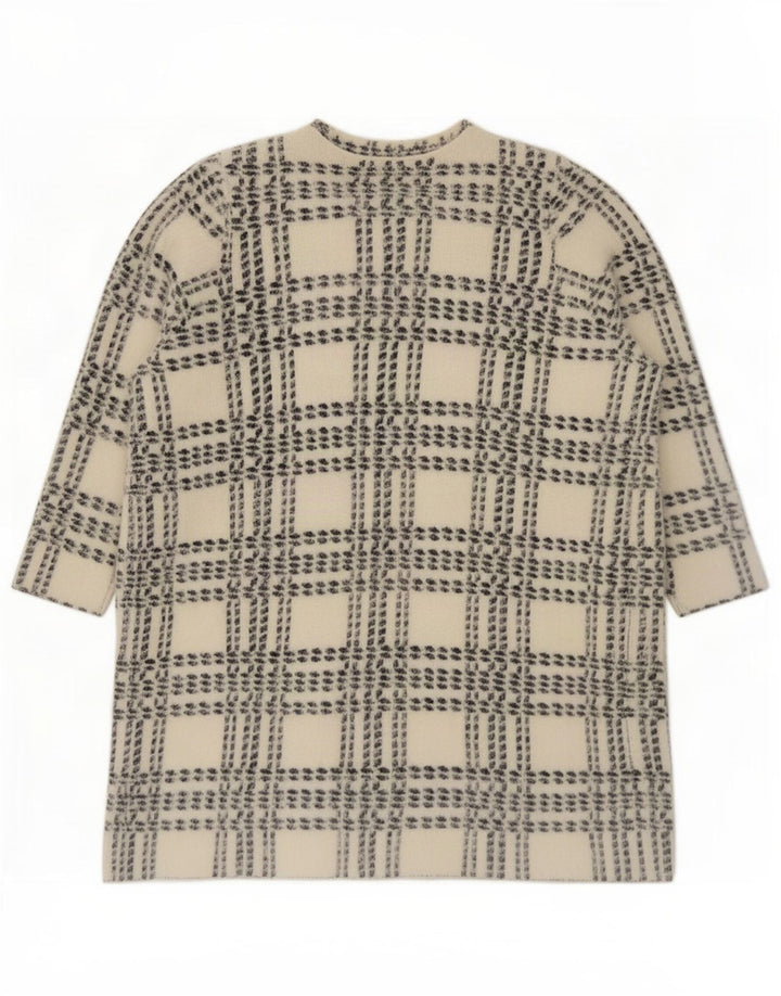Suéter cardigã feminino Longline Marks & Spencer Reino Unido 14 xadrez branco médio