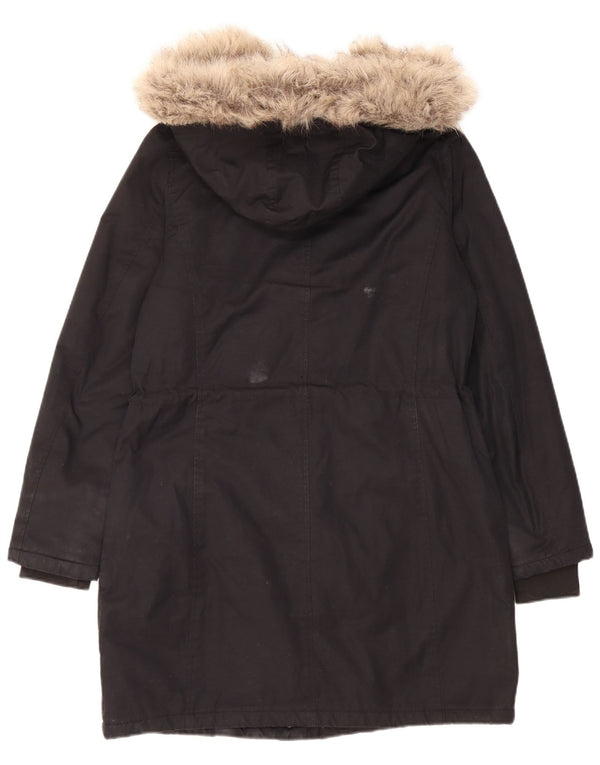 Jaqueta feminina Jigsaw Sherpa Parka com capuz Reino Unido 8 algodão preto pequeno