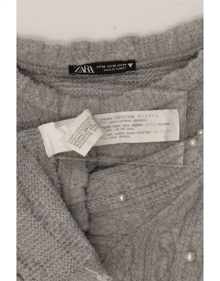 Blusa feminina de malha Zara UK 12 poliéster manchado cinza médio
