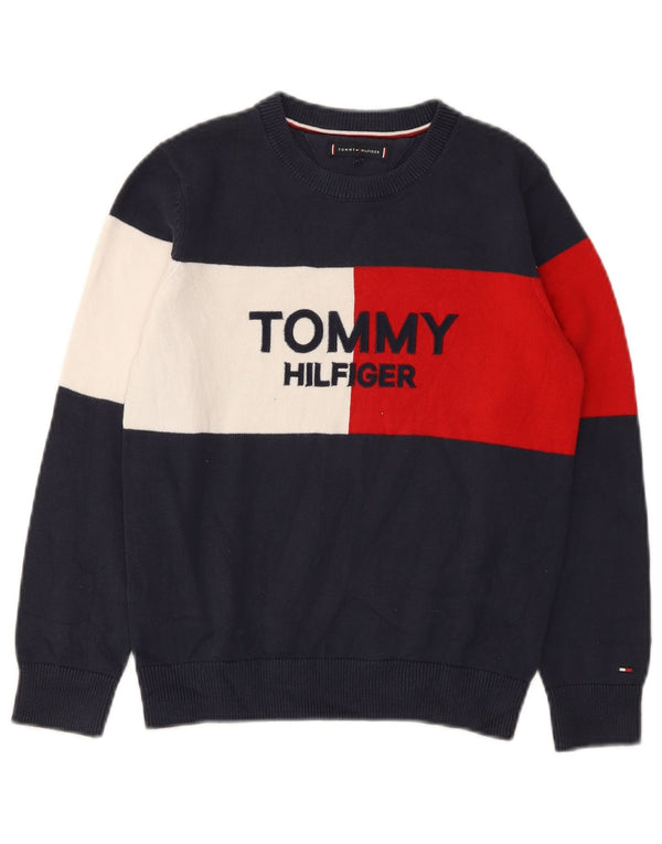 Tommy Hilfiger Suéter masculino com gola canoa 9-10 anos azul marinho
