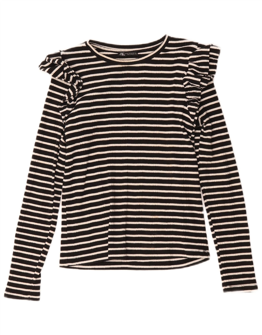 Top feminino Zara de manga comprida UK 12 listrado preto médio