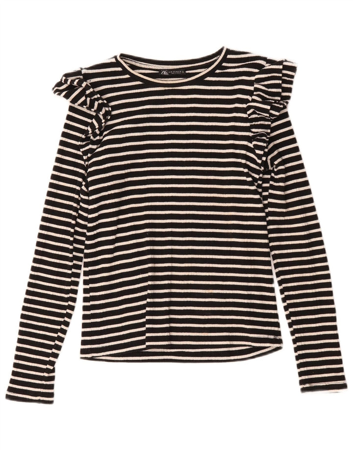 Top feminino Zara de manga comprida UK 12 listrado preto médio
