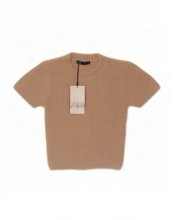 Suéter feminino Zara com manga curta e gola redonda Reino Unido 8 pequeno bege