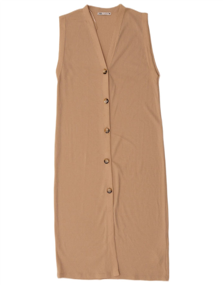 Vestido jumper feminino sem mangas Zara Reino Unido 10 pequeno poliéster bege